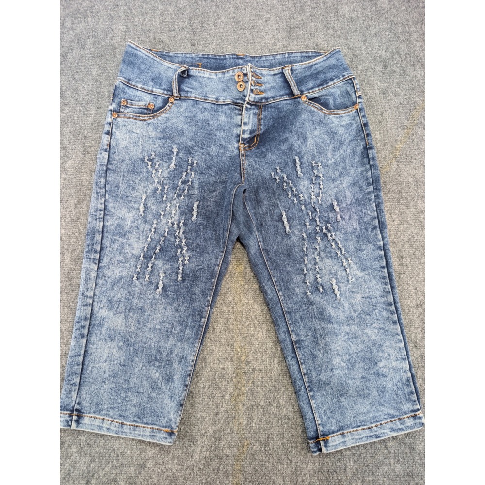 Double Shorts Capri Womens 38 Cotton Blue Acid Wash Distressed Denim Jeans